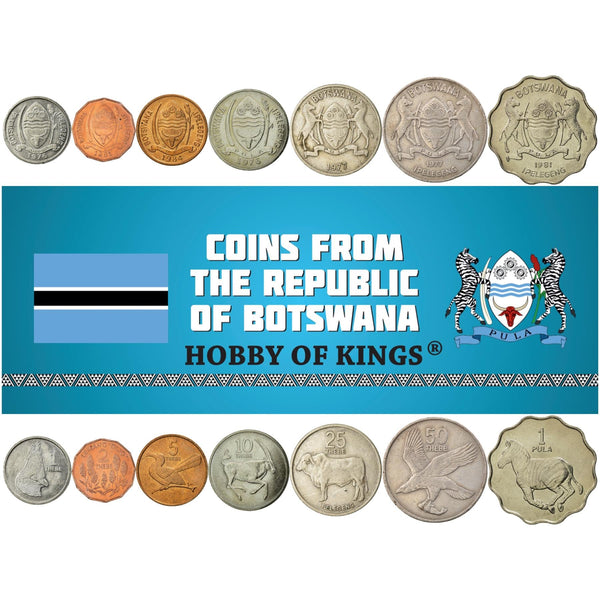 Batswana 7 Coin Set 1 2 5 10 25 50 Thebe 1 Pula | Gemsbok | Brahman Bull | Zebra | Red-Billed Hornbill | Eagle | Turako | Botswana | 1976 - 1989