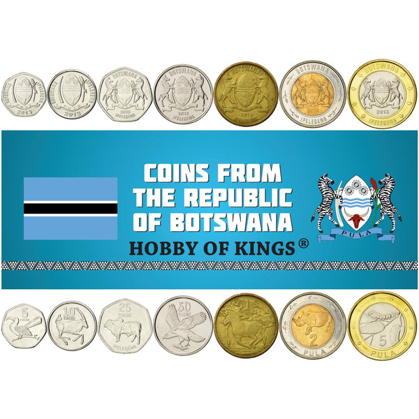 Batswana 7 Coin Set 5 10 25 50 Thebe 1 2 5 Pula | Gemsbok | Bull | Zebra | Rhinoceros | Eagle | Mopane Worm | Botswana | 2013 - 2016