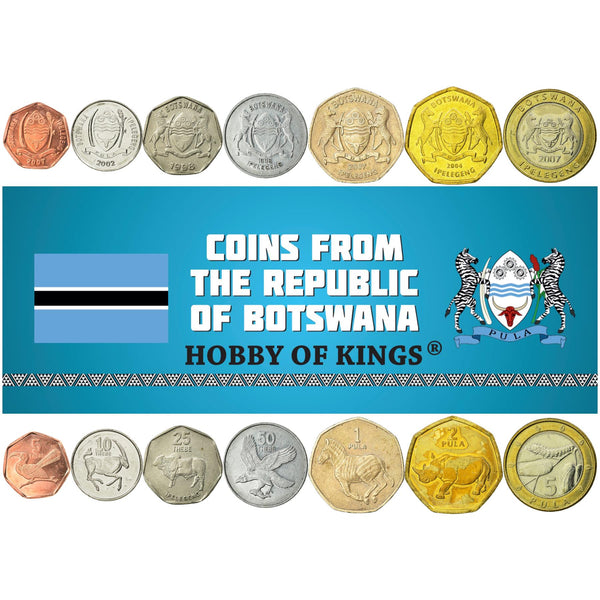 Batswana 7 Coin Set 5 10 25 50 Thebe 1 2 5 Pula | Gemsbok | Bull | Zebra | Rhinoceros | Red-Billed Hornbill | Eagle | Worm | Botswana | 1996 - 2009