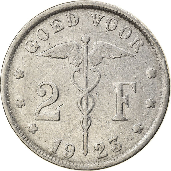 Belgian 2 Francs Coin | Albert I Belgie | Libertine | Caduceus | KM92 | 1923 - 1930