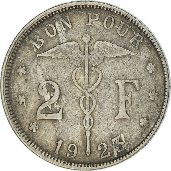 Belgian 2 Francs Coin | Albert I Belgique | Shield | Caduceus | KM91 | 1923 - 1930