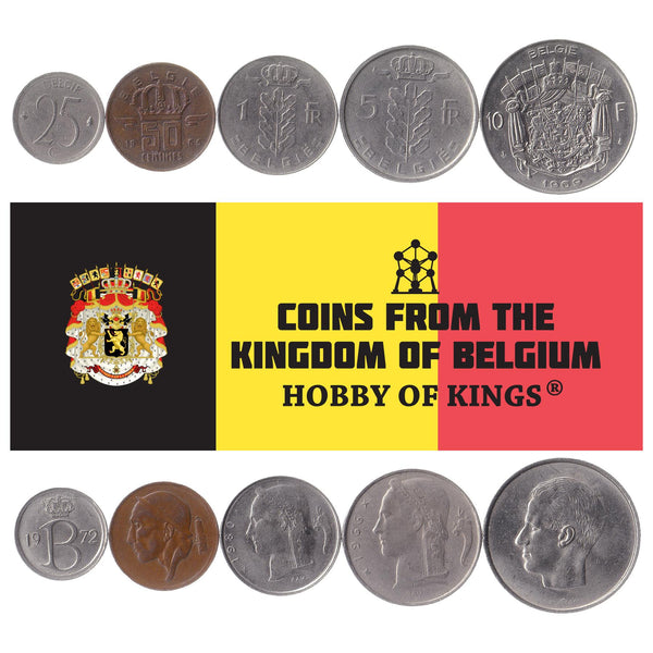 Belgian 5 Coin Set 25 50 Centimes 1 5 10 Francs | Olive branch | Lion | Star | Constitution | Ivy | Oak twig | 1956 - 1988