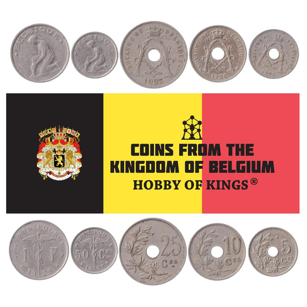 Belgian 5 Coin Set 5 10 25 50 Centimes 1 Franc | Olive branch | Lion | Star | Constitution | Ivy | Oak twig | 1910 - 1935