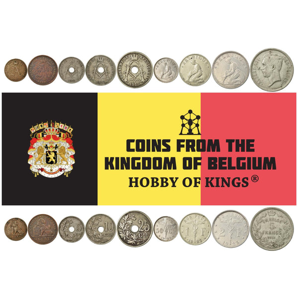 Belgian 9 Coin Set 1 2 5 10 25 50 Centimes 1 2 5 Francs | Albert I | Lion | Olive And Oak Branches | Belgian Constitution | Caduceus (Staff Of Hermes) | Libertine | Belgium | 1910 - 1935