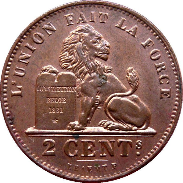 Belgian Coin 2 Centimes - Léopold Belgique | Lion | Constitution | KM35 | 1869 - 1909