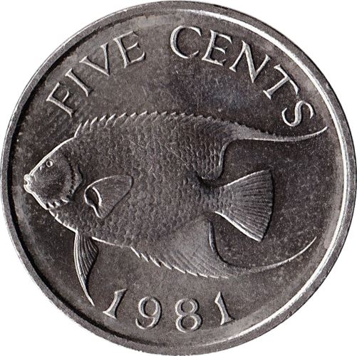 Bermuda | 5 Cents Coin | Queen Elizabeth II | Blue Angelfish | KM16 | 1970 - 1985