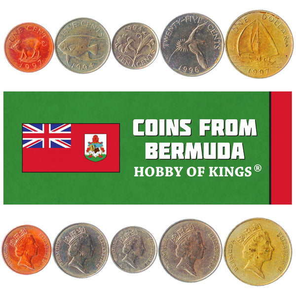 Bermudian 5 Coin Set 1 5 10 25 Cents 1 Dollar | Bermuda Lily | Wild Boar | Queen Angelfish | Bermuda Fitted Dinghy | 1986 - 1998