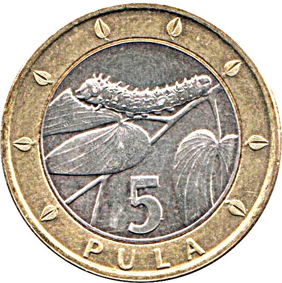 Botswana 5 Pula Coin | Mopane Worm | KM30 | 2000 - 2007