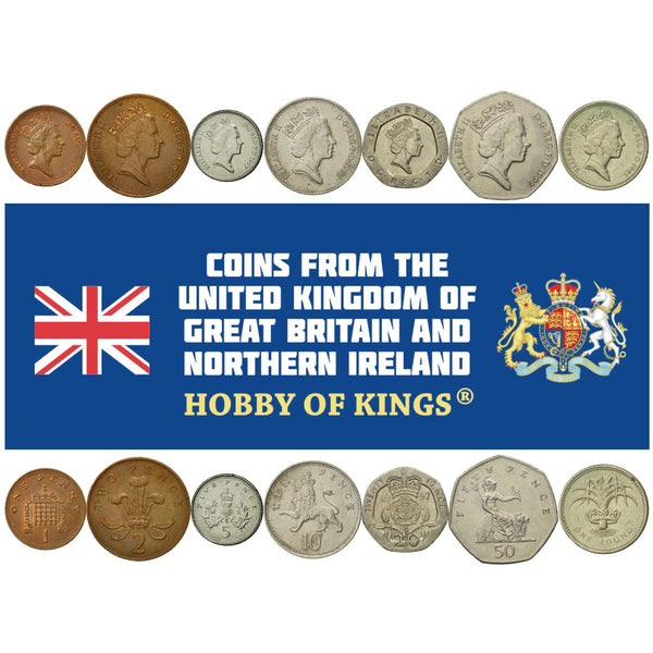 British 7 Coin Set 1 Penny 2 5 10 20 50 Pence 1 Pound | Elizabeth II | Lion | Britannia | United Kingdom | 1985 - 1997