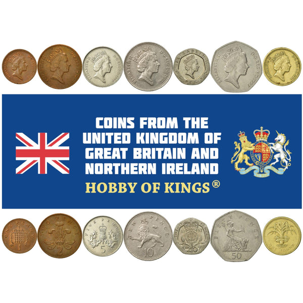 British 7 Coin Set 1 Penny 2 5 10 20 50 Pence 1 Pound | Elizabeth II | Rose | Britannia | 1985 - 1997