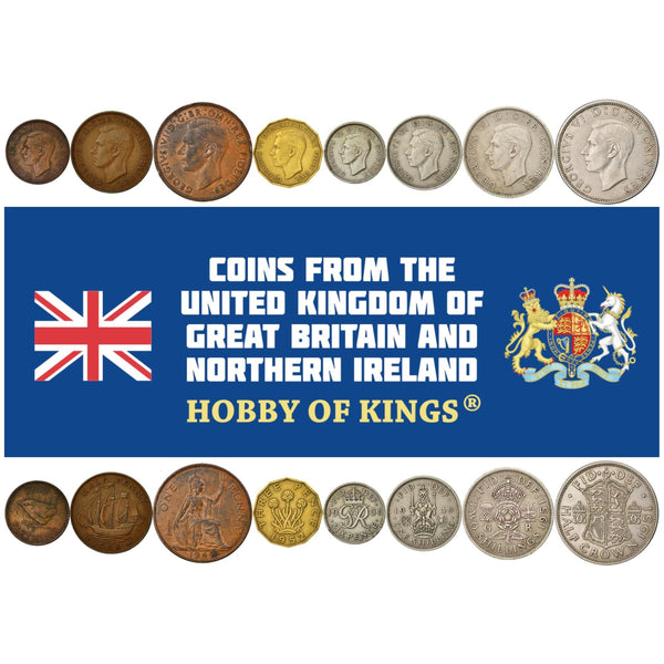British 8 Coin Set 1 Farthing 1/2 1 3 6 Pence 1 2 Shillings 1/2 Crown | George VI | Eurasian Wren | Three-Masted Ship | Britannia | United Kingdom | 1949 - 1952