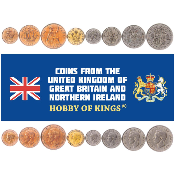 British 8 Coin Set 1 Farthing 1/2 1 3 6 Pence 1 2 Shillings 1/2 Crown | George VI | Eurasian Wren | Thrift | Three-Masted Ship | Tudor Rose | Britannia | United Kingdom | 1937 - 1948