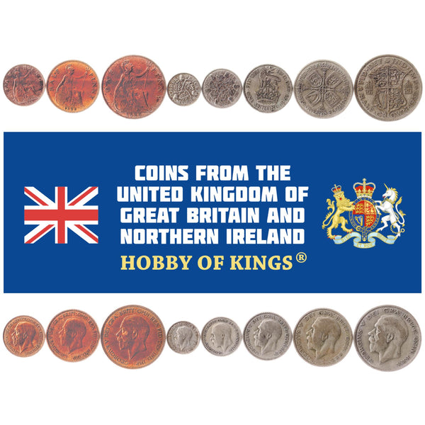 British 8 Coin Set 1 Farthing 1/2 1 3 6 Pence 1 Shilling 1 Florin 1/2 Crown | George V | Britannia | United Kingdom | 1926 - 1936