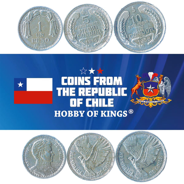 Chile 3 Coin Set 1 5 10 Pesos | KM 179a 180 181 | 1954 - 1959