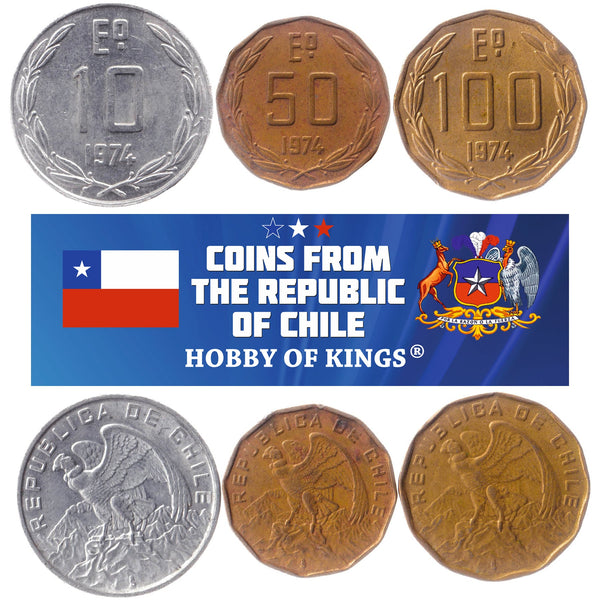 Chile 3 Coin Set 10 50 100 Escudos | KM 200 201 202 | 1974 - 1975