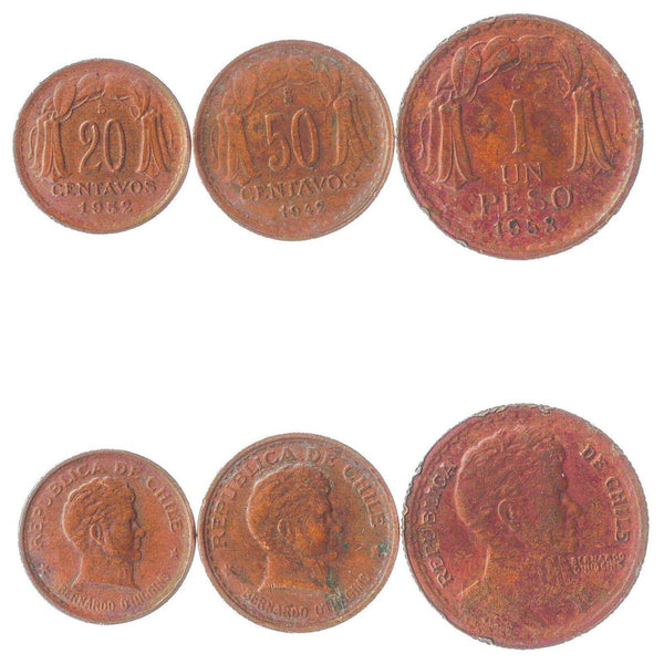 Chile 3 Coins 20 50 Centavos 1 Peso | KM 177 178 179 | Bernardo O’Higgins and José de San Martín | 1942 - 1954