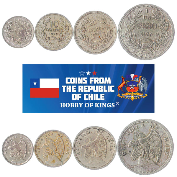 Chile 3 Coins 5 10 20 Centavos 1 Peso | KM 165 166 167 176 | 1919 - 1941