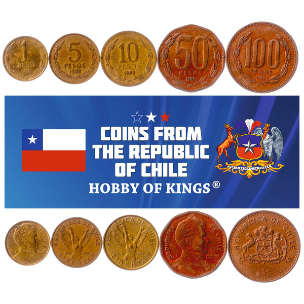 Chile 5 Coin Set | 1 5 10 50 100 Pesos | KM 226 219 218 216 217 | 1981 - 2000