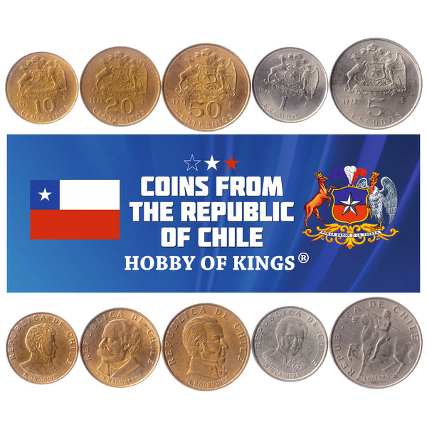 Chile 5 Coin Set 10 20 50 Centésimos 1 5 Escudos | Famous Chilean Figures | 1971 - 1972