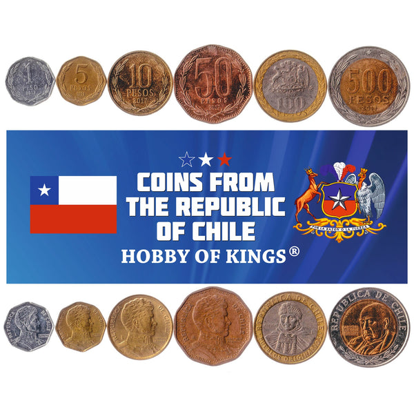 Chile 6 Coin Set | 1 5 10 50 100 500 Pesos | 1990 - 2021 | KM 231 232 228 219 236 235