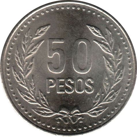 Colombia 50 Pesos | Liberty and Order | Wreath Coin | 1989 - 2012