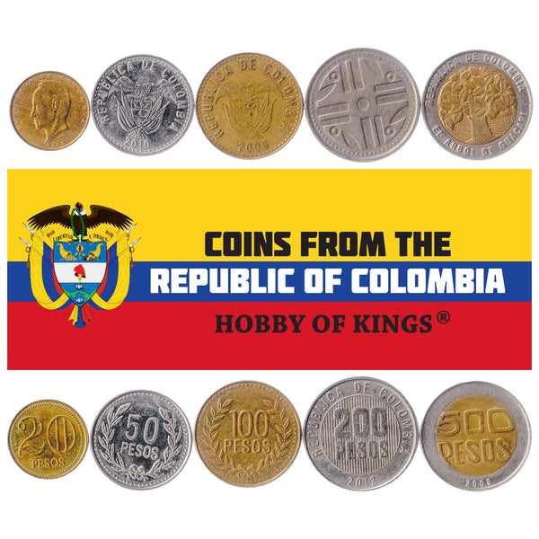 Colombian 5 Coin Set 20 50 100 200 500 Pesos | Bird | Simón Bolívar | Holy Tree of Guacarí | Quimbaya Spindle Wheel | 2004 - 2012
