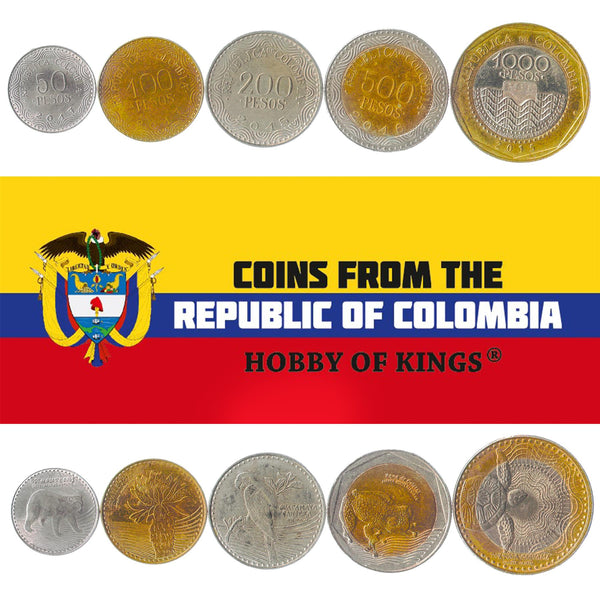 Colombian 5 Coin Set 50 100 200 500 1000 Pesos | Frailejón | Bear | Glass frog | Scarlet Macaw | Loggerhead Sea Turtle | 2012 - 2021