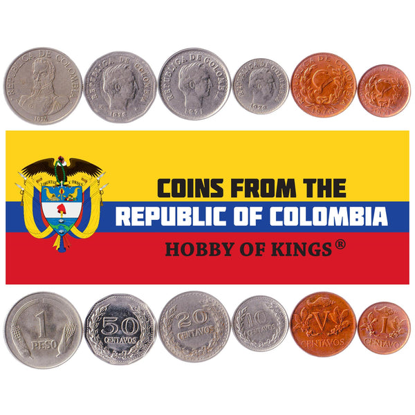 Colombian 6 Coin Set 1 5 10 20 50 Centavos 1 Peso | Laurel Wreath | Francisco de Paula Santander | Phrygian cap | Simon Bolivar | 1969 - 1979