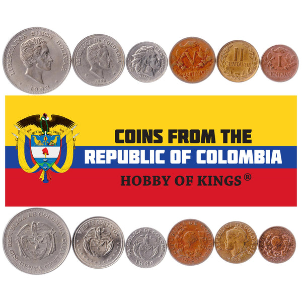 Colombian 6 Coin Set 1 Centavo 2 5 10 20 50 Centavos | Laurel Wreath | Condor | Chief Calarcá | Simón Bolívar | Phrygian Cap | 1952 - 1966