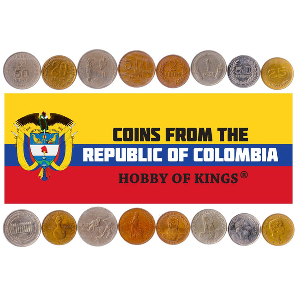 Colombian 8 Coin Set 25 50 Centavos 1 2 5 10 20 50 Pesos | 1977 - 1989