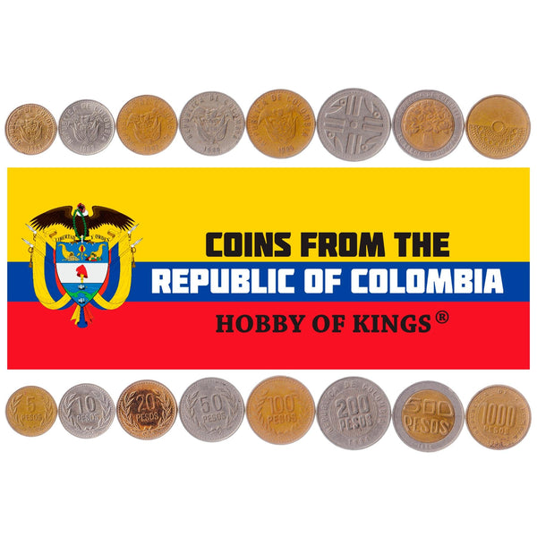 Colombian 8 Coin Set 5 10 20 50 100 200 500 1000 Pesos | Bird | Holy Tree of Guacarí | Quimbaya Spindle Wheel | 1989 - 2003
