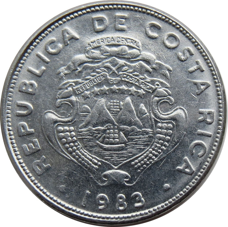 Costa Rica 2 Colones Coin | Stars | Volcno | Ship | Sun | KM211.1 | 1982 - 1983