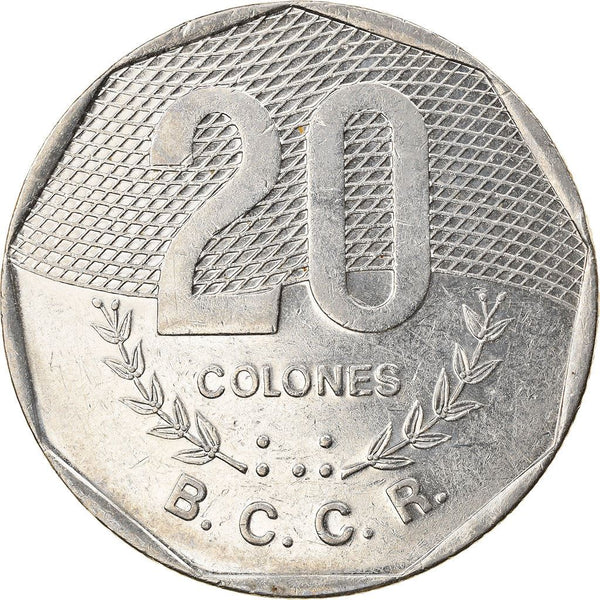 Costa Rica 20 Colones Coin | Stars | Volcno | Ship | Sun | KM216.3 | 1994