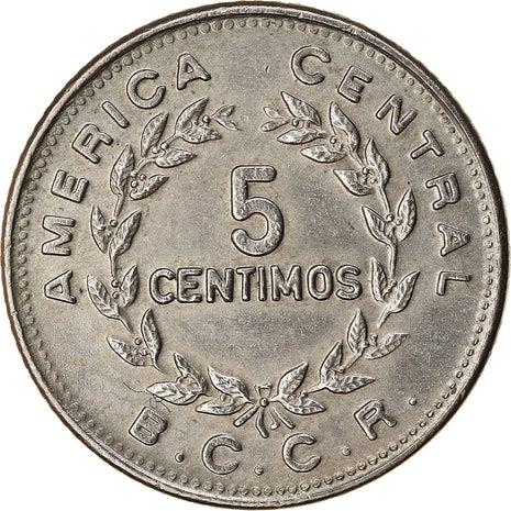 Costa Rica 5 Centimos Coin | Stars | Volcno | Ship | Sun | KM184.3 | 1972 - 1973