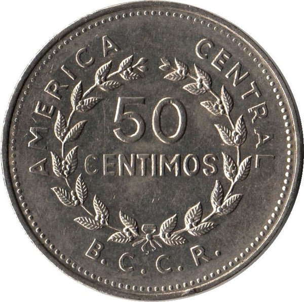 Costa Rica 50 Centimos Coin | Stars | Volcno | Ship | Sun | KM189.1 | 1965