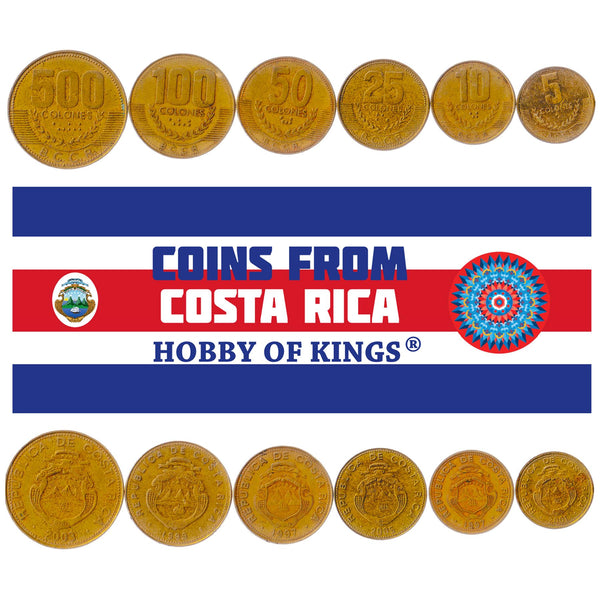 Costa Rican Tico 5 Coin Set 5 10 25 100 500 Colones | Ship | Star | Volcano | Coffee Branch | 1997 - 2005