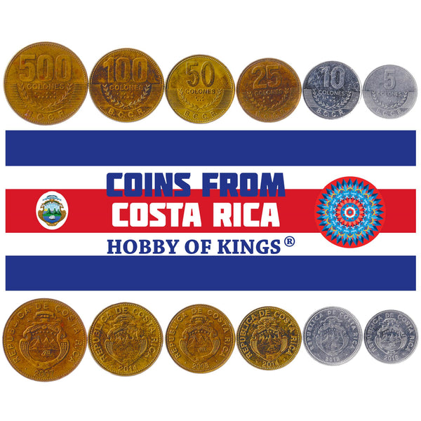 Costa Rican Tico 6 Coin Set 5 10 25 50 100 500 Colones | Coffee Branch | Ships | Stars | Volcano | 2006 - 2018