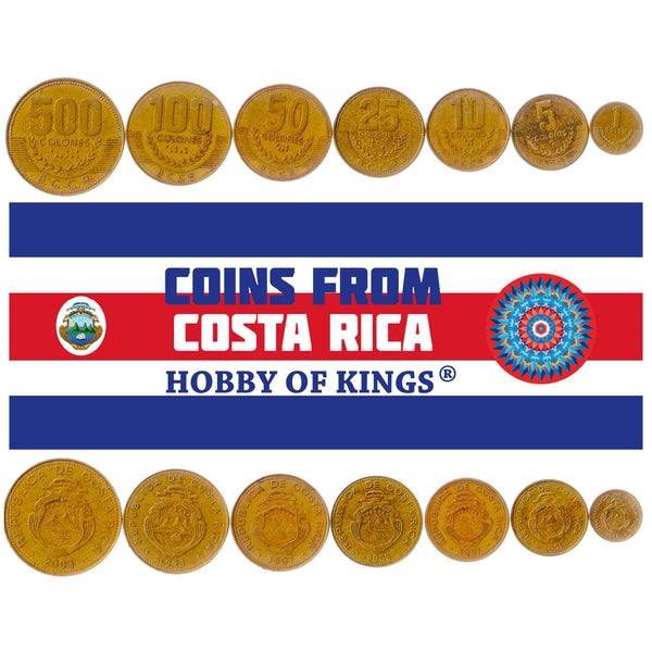 Costa Rican Tico 7 Coin Set 1 5 10 25 50 100 500 Colones | Laurel Wreath | Ship | Star | Volcano | Coffee Branch | 1997 - 2005