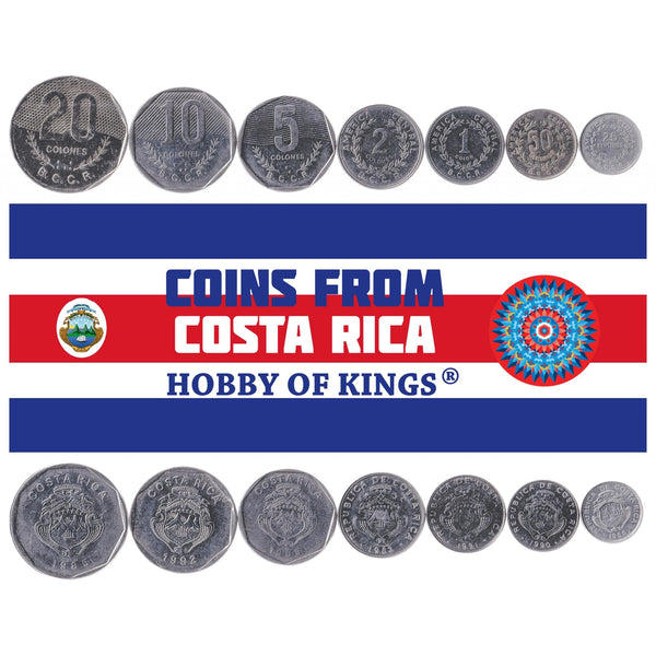 Costa Rican Tico 7 Coin Set 25 50 Céntimos 1 2 5 10 20 Colones | Laurel Wreath | Ship | Stars | Volcano | Coffee Branch | Ribbon | 1982 - 1994