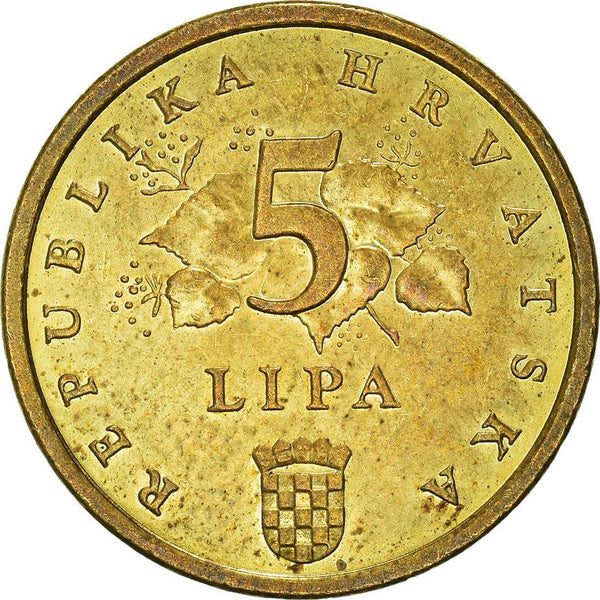 Croatia Coin Croatian 5 Lipa | Linden Branch | Red Oak | KM15 | 1994 - 2020