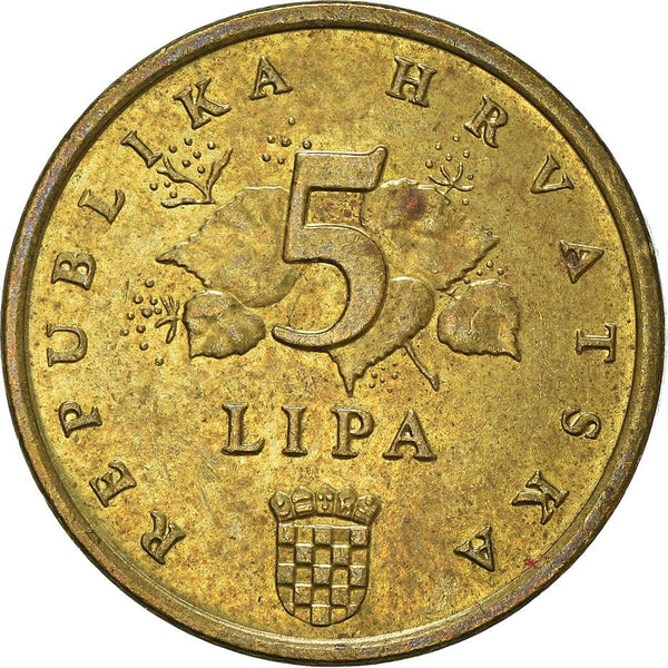 Croatia Coin Croatian 5 Lipa | Red Oak Branch | KM5 | 1993 - 2021