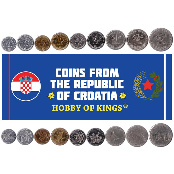 Croatian 9 Coin Set 1 2 5 10 20 50 Lipa 1 2 5 Kuna | Marten | Brown Bear | Nightingale | Tuna | Corn | Tobacco | Olive | Velebit Degenia | Red Oak | Linden | Grapes | Croatia | 1994 - 2022