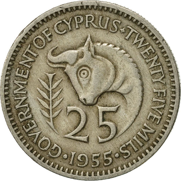 Cyprus 25 Mils Coin | Queen Elizabeth II | Bull | KM35 | 1955