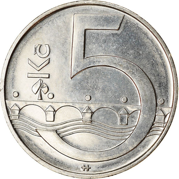 Czech Republic | 5 Korun Coin | Lion | Charles Bridges | Vltava River | KM8 | 1993 - 2021