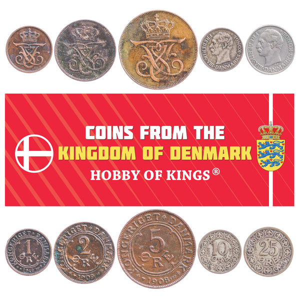 Danish 5 Coin Set 1 2 5 10 25 Øre | Frederik VIII | 1907 - 1912