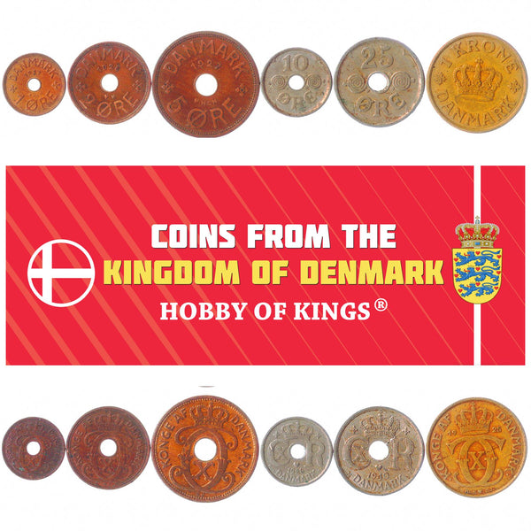 Danish 6 Coin Set 1 2 5 10 25 Øre 1 Krone | Christian X | 1924 - 1941