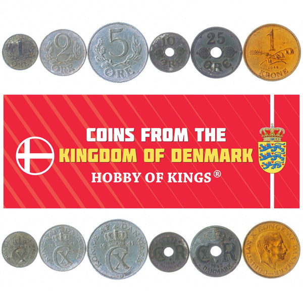 Danish 6 Coin Set 1 2 5 10 25 Øre 1 Krone | Christian X | 1941 - 1947