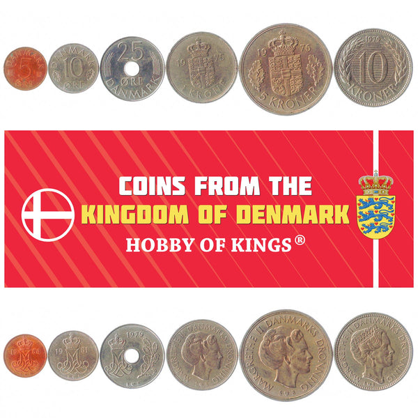 Danish 6 Coin Set 5 10 25 Øre 1 10 5 Kroner | Oak Leaf | Margrethe II | 1973 - 1989