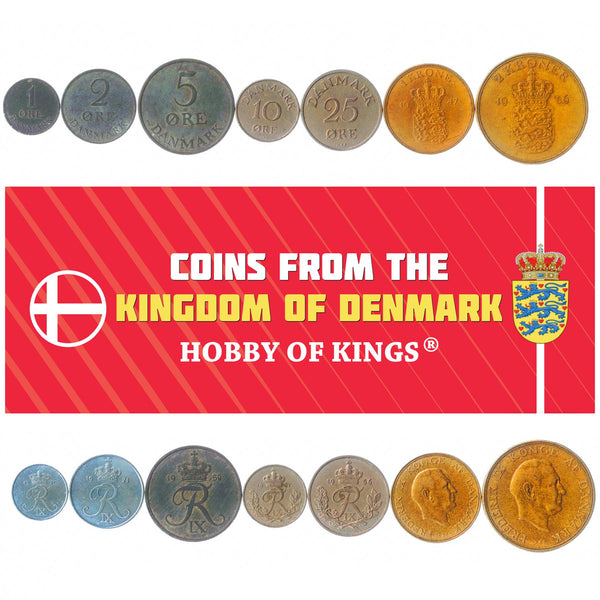 Danish 7 Coin Set 1 2 5 10 25 Øre 1 2 Kroner | Frederik IX | 1947 - 1960