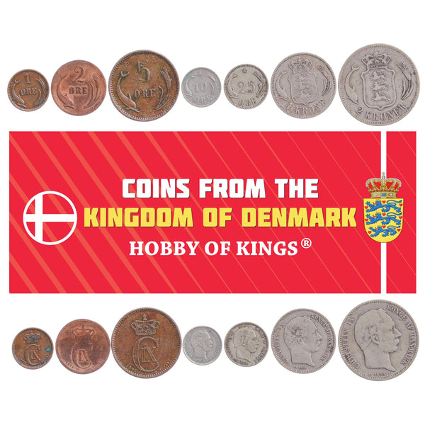 Danish 7 Coin Set 1 2 5 10 25 Øre 1 2 Kroner | Porpoise | Christian IX | 1873 - 1906